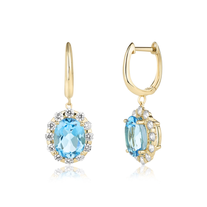 Oval Blue Topaz and Diamond Halo Drop Earrings 4.88 ct