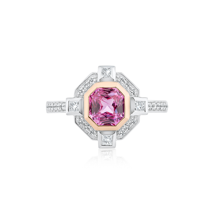 Vivid Pink Sapphire and Diamond Art Deco Ring