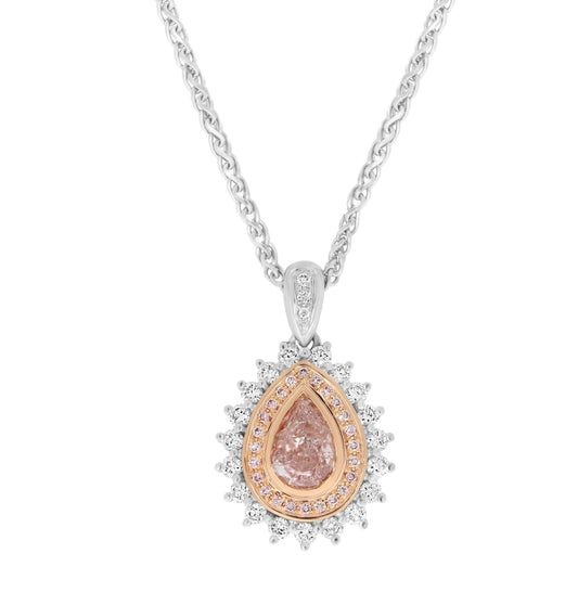 Rare Orangy Pink Pear Cut Diamond Halo Pendant - Rosendorff Diamond Jewellers