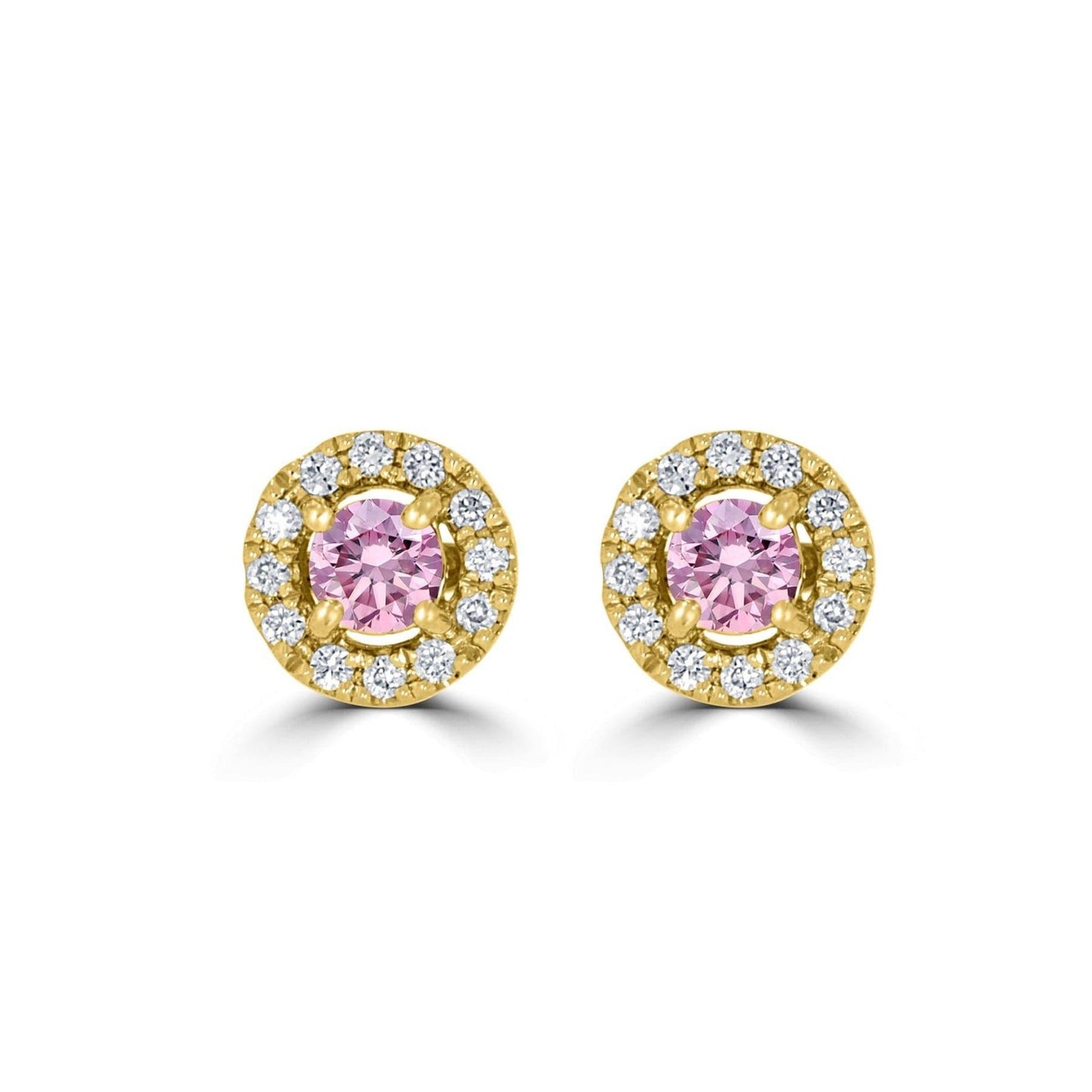 7P Pink Diamond with White Diamond Halo Earrings | Yellow Gold