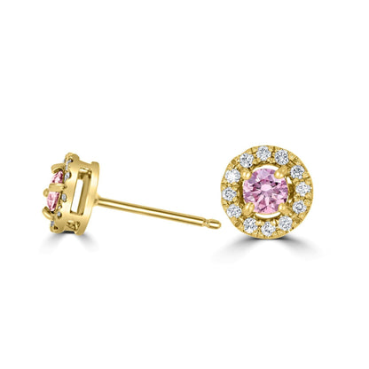 7P Pink Diamond With White Diamond Halo Earrings | Yellow Gold