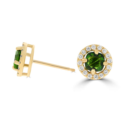 Chrome Diopside & Diamond Halo Studs in Yellow Gold - Rosendorff Diamond Jewellers
