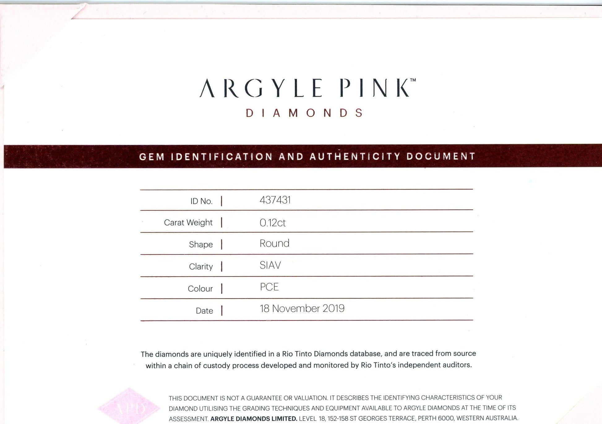 Argyle Pink Round Brilliant PCE SI 0.12ct Loose - Rosendorff Diamond Jewellers