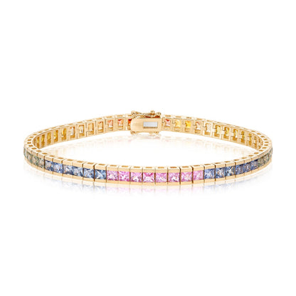 Princess Sapphire Rainbow 10.84ct Tennis Bracelet | 18ct Yellow Gold