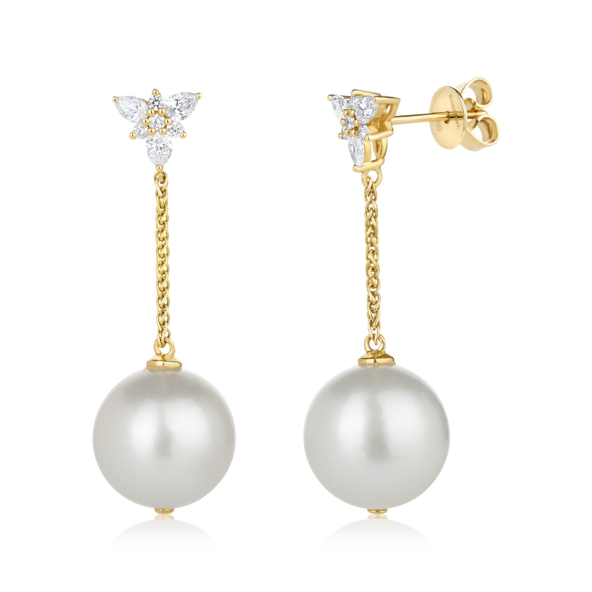 White South Sea 12mm Pearl & Diamond Drop Earrings | 18ct Yellow Gold