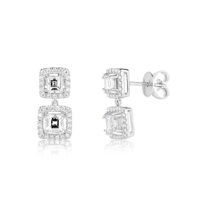 Carre Double Halo Drop Stud Earrings | 18ct White Gold