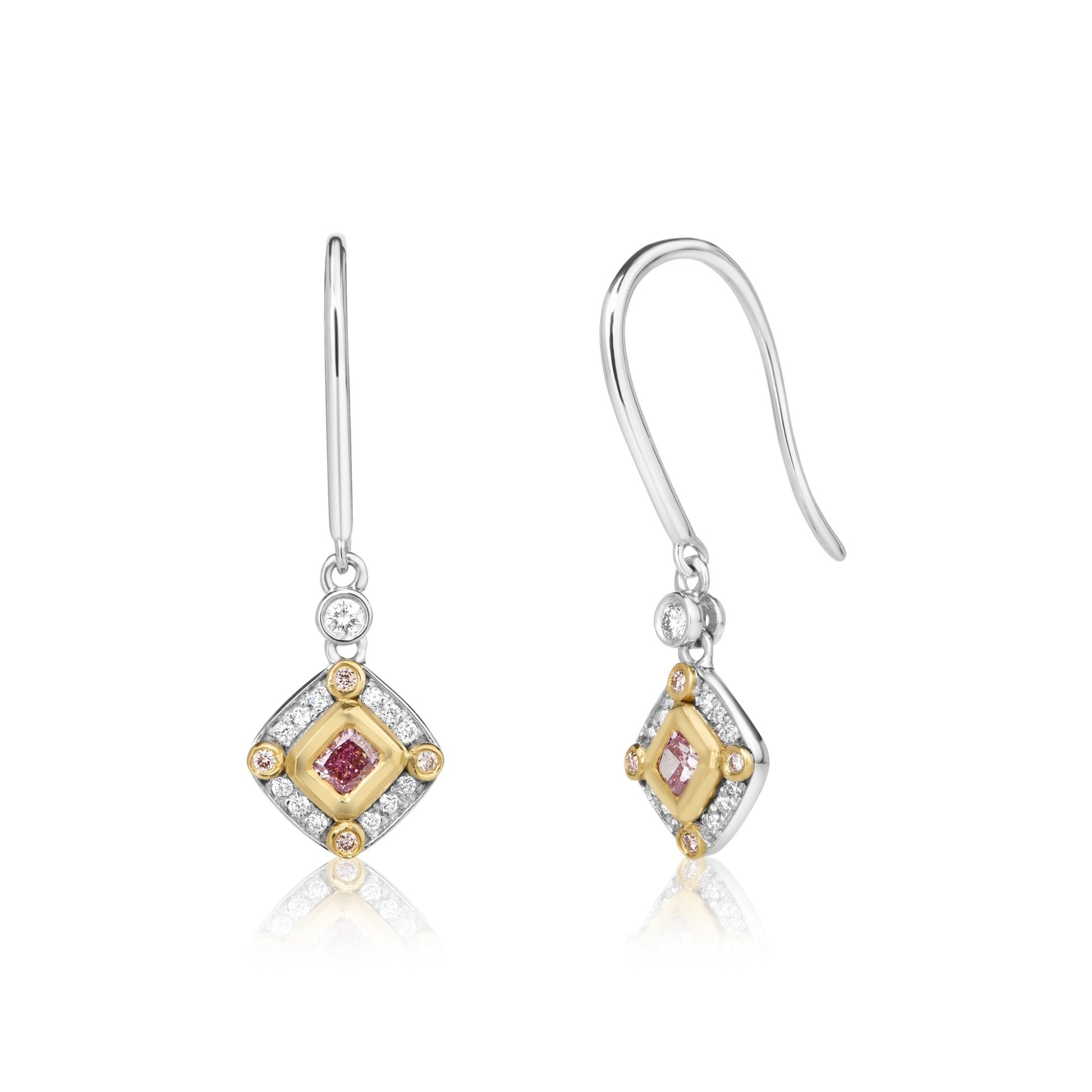 Pink Cushion Diamond & White Diamond Loop Drop Earrings | 18ct White & Yellow Gol