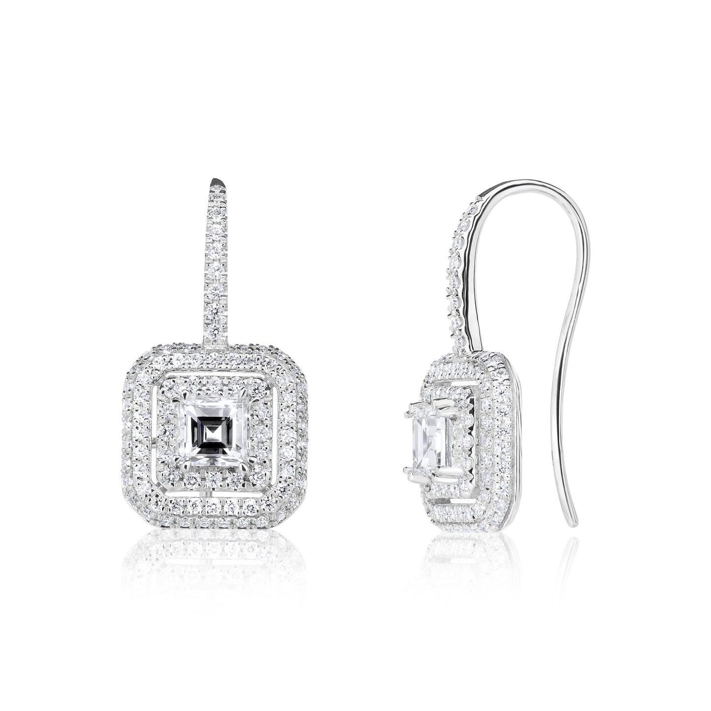 Carre Large Double Halo Hook Earrings | 18ct White Gold