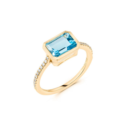 Blue Topaz Bezel with Diamonds Ring | 18ct Yellow Gold