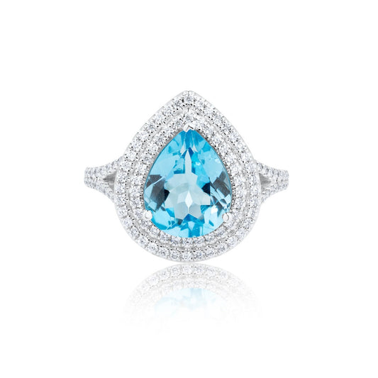 2.60ct Blue Pear Topaz & Double Halo Diamond Ring | 18ct White Gold