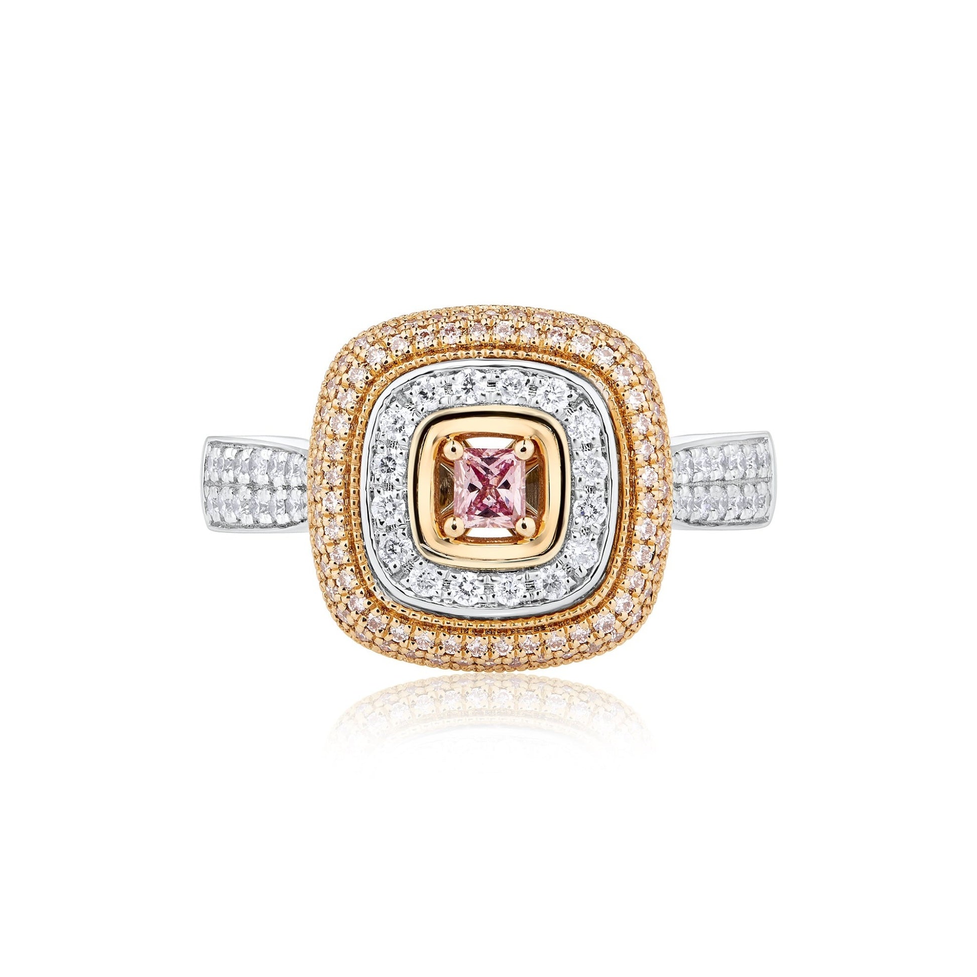 GIA Fancy Intense Purplish Pink Radiant Pink Diamond Double Pave Halo Ring | 18ct White & Rose Gold