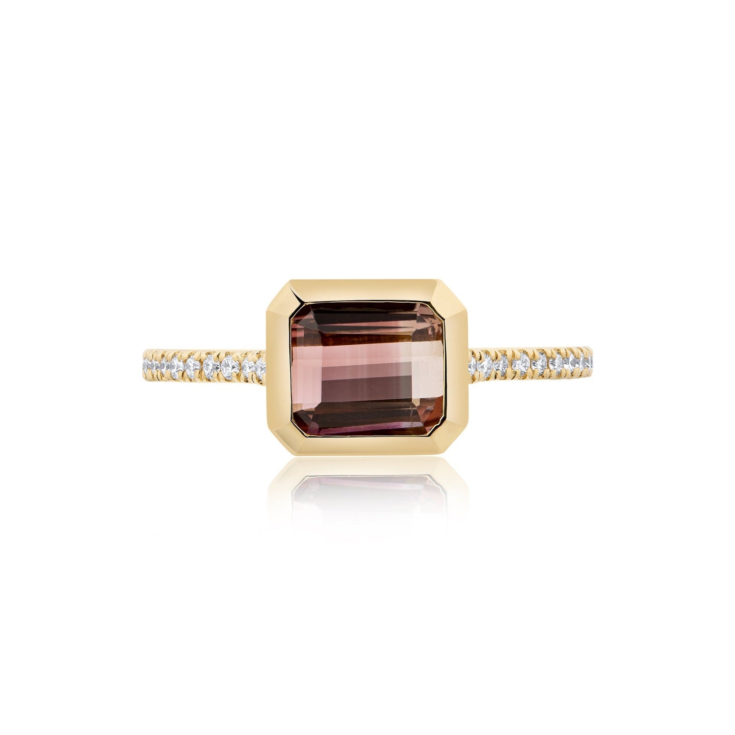Tourmaline Red/Green Gradiant Bezel & Diamonds Ring | 18ct Yellow Gold