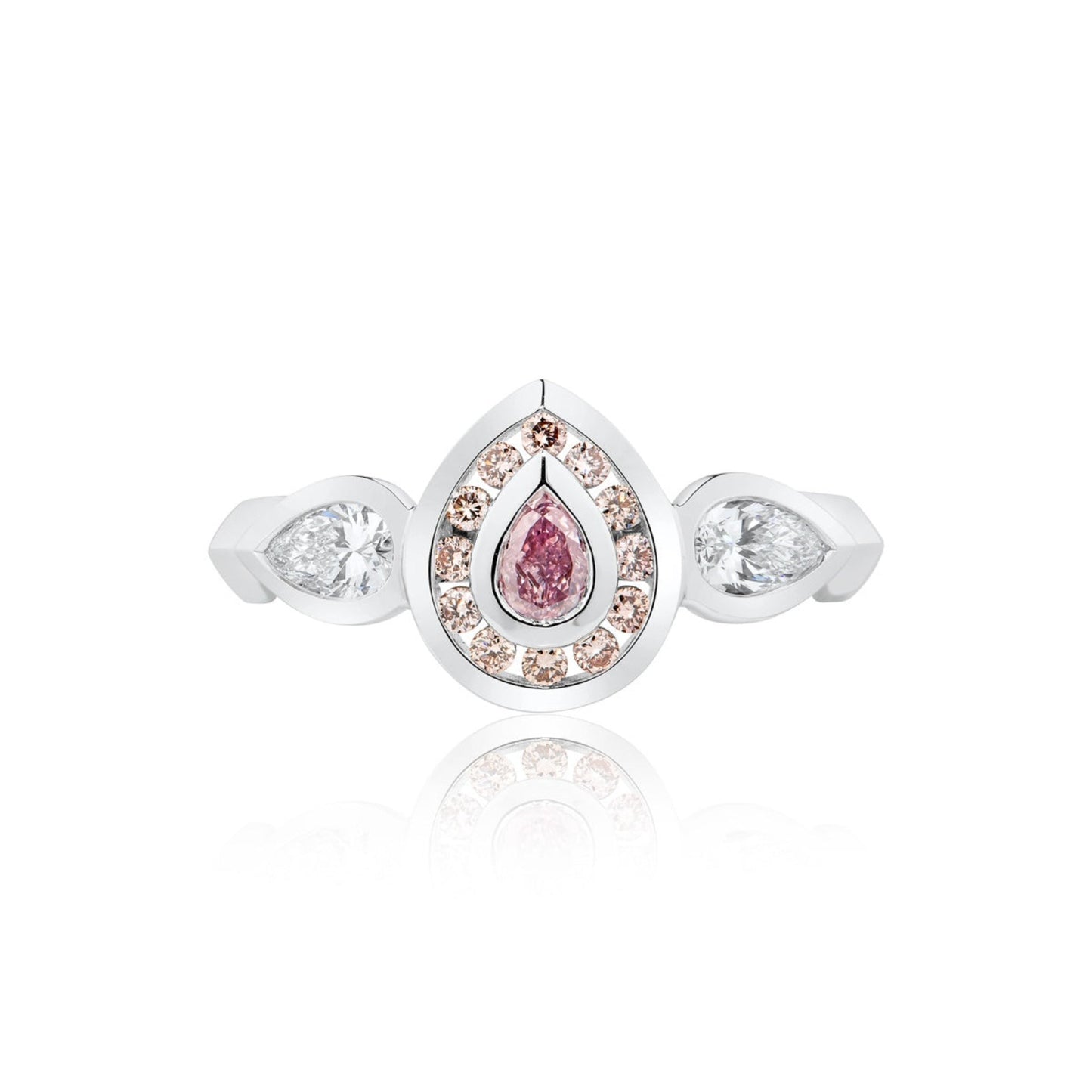 Pink & White Pear Diamond Halo Trilogy Ring | 18ct White Gold
