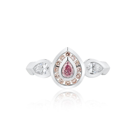 Pink & White Pear Diamond Halo Trilogy Ring | 18ct White Gold
