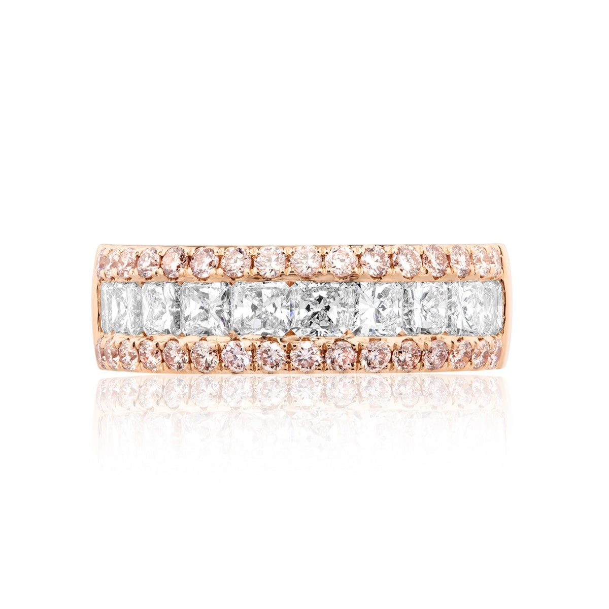 Three Row Radiant Pink & White Diamond Band | 18ct Rose Gold