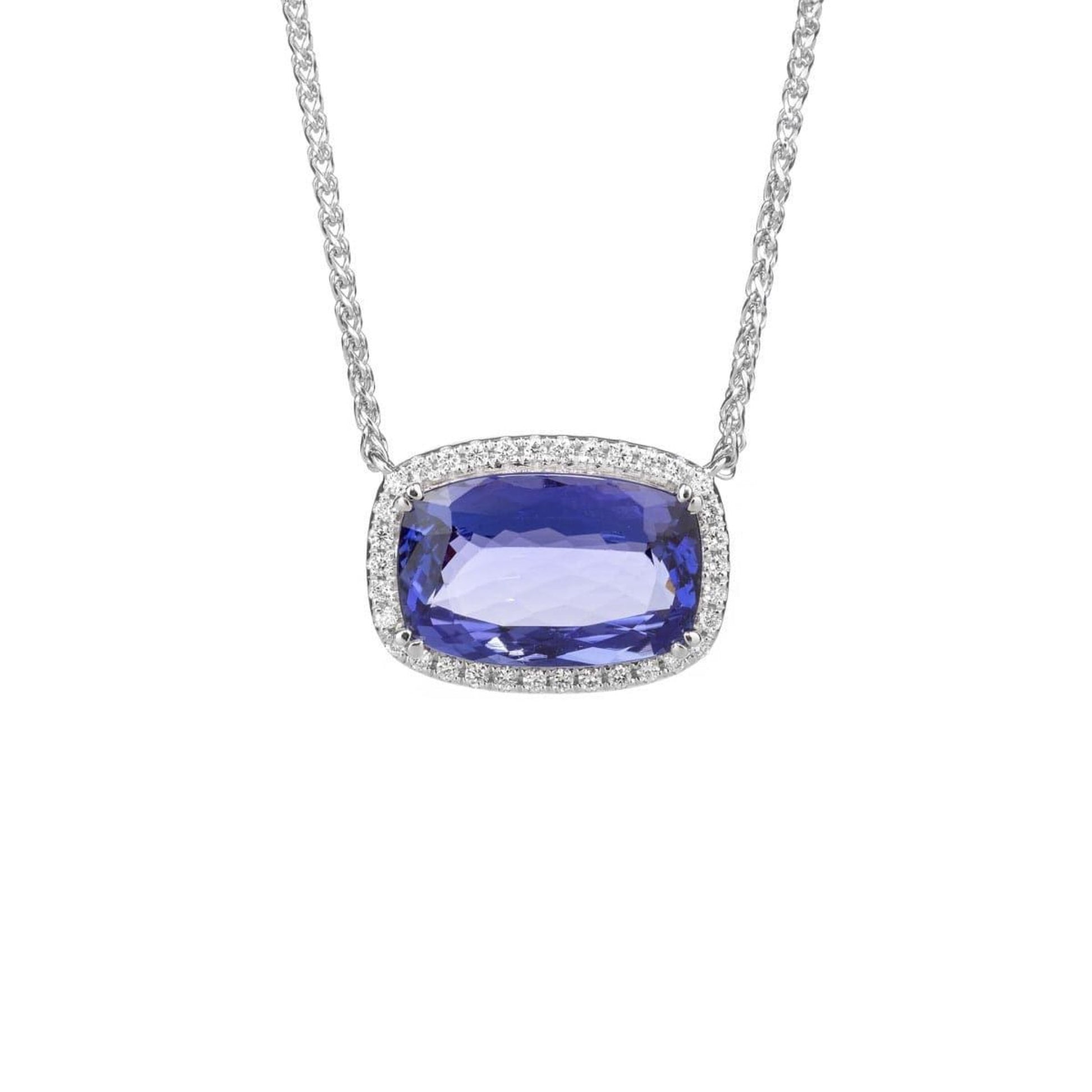 Cushion Cut Tanzanite and Diamond Halo Pendant - Rosendorff Diamond Jewellers