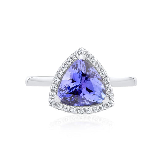 Trilliant Tanzanite and Diamond Halo Ring - Rosendorff Diamond Jewellers